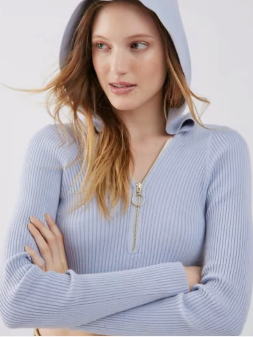 Urban Outfitters Talia Ribbed Cropped Quarter Zip Hoodie Sweater - Light Blue